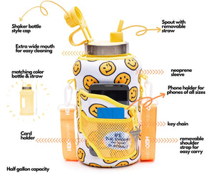 H2O Capsule 2.2L Half Gallon Wide Mouth Water Bottle with Storage Sleeve and Removable Straw - Hydration Tracker Jug with Measurements Marked – Shatterproof BPA-Free, (Happy Day)