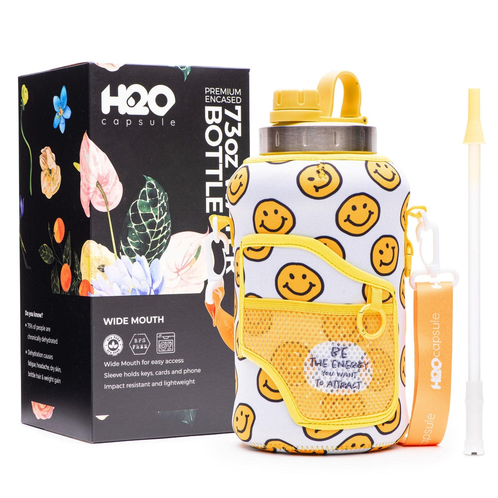 H2O Capsule 2.2L Half Gallon Wide Mouth Water Bottle with Storage Sleeve and Removable Straw - Hydration Tracker Jug with Measurements Marked – Shatterproof BPA-Free, (Happy Day)