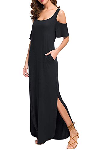 Yanekop Womens Summer Casual Loose Maxi Dresses Cold Shoulder Short Sleeve Beach Dress with Pockets(Black,2XL)