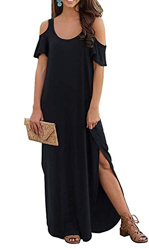 Yanekop Womens Summer Casual Loose Maxi Dresses Cold Shoulder Short Sleeve Beach Dress with Pockets(Black,2XL)