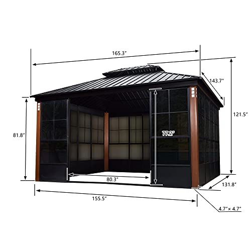 PURPLE LEAF 12‘ X 14’ Patio Hardtop Gazebo Double Galvanized Roof Outdoor Screen House Aluminum Solarium Backyard Sunroom with LED Lights