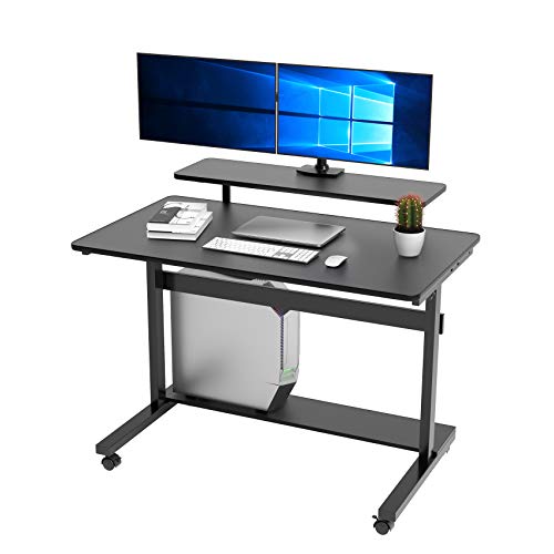 DESIGNA Height Adjustable Stand Up Computer Desk, Mobile Standing Desk Rolling Sit Stand Work Station for Home Office with Wheels CPU Stand Monitor Shelf & Detachable Hutch (41", Black)