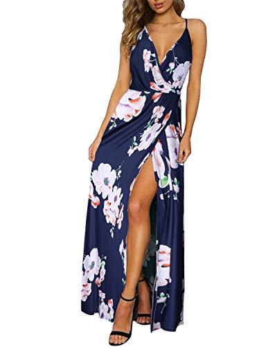 II ININ Women's Deep V-Neck Casual Dress Summer Backless Floral Print Split Maxi Dress for Beach Party(Floral01,XL)