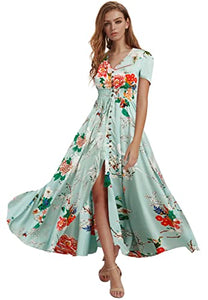 Milumia Women Button Up Floral Print Party Split Flowy Maxi Dress Light Green X-Large