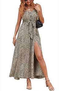 KIRUNDO Women's Summer Spaghetti Strap V Neck Floral Print Long Dress Button Down Sleeveless Split Flowy Maxi Dress with Belt (Dot Black Khaki, Small)