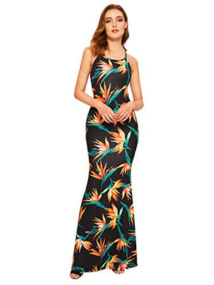 SheIn Women's Floral Strappy Backless Summer Evening Party Maxi Dress Black Flower Medium