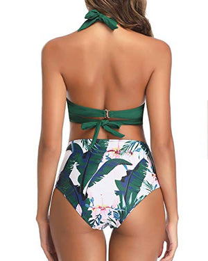 Tempt Me Women's Vintage Swimsuit Retro Halter Ruched High Waist Bikini Green XL