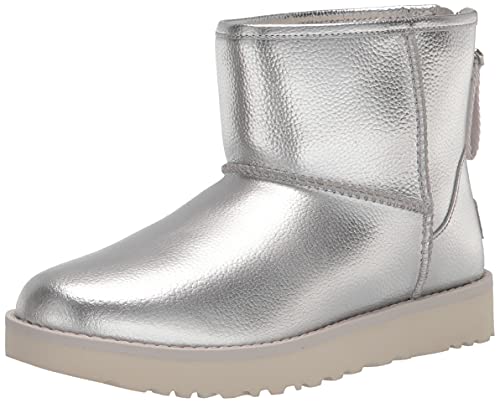 UGG Women's Classic Mini Logo Zip Shine Fashion Boot, Silver Metallic, 8