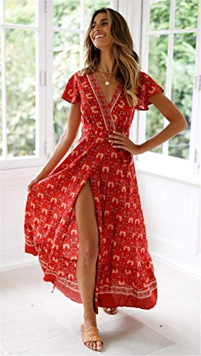 PRETTYGARDEN Women's Summer Bohemian Dress Short Sleeve Floral V Neck Ruffle Hem Split Belted Flowy Maxi Dresses (Red-1,Small)