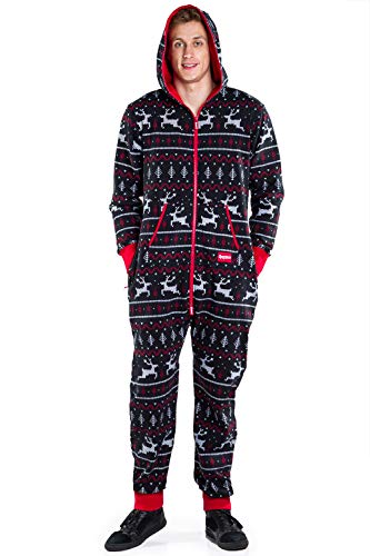 Unisex Black & Red Fair Isle Reindeer Cozy Jumpsuit - Cozy Christmas Onesie: Small