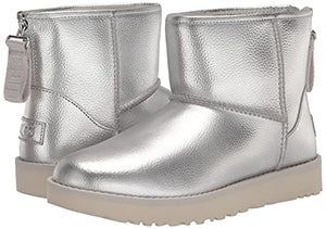 UGG Women's Classic Mini Logo Zip Shine Fashion Boot, Silver Metallic, 8