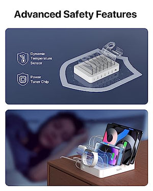 SooPii 60W 6-Port Charging Station for Multiple Devices, PD 20W USB C Fast Charging for lPhone 14/13/12,6 Short Cables Included, 2 in 1 Holder,for Phones,Tablets and Others,White