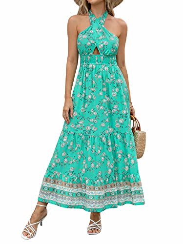 ZESICA Women's Summer Crossover Halter Neck Sleeveless Plaid Cut Out Backless Flowy A Line Maxi Dress,Aqua,Medium