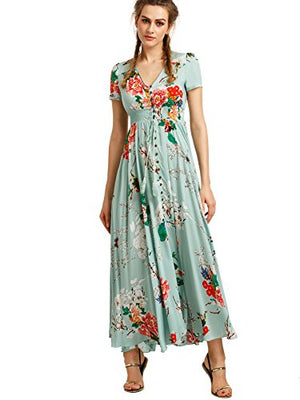 Milumia Women Button Up Floral Print Party Split Flowy Maxi Dress Light Green X-Large