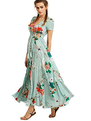 Milumia Women Button Up Floral Print Party Split Flowy Maxi Dress Light Green X-Large