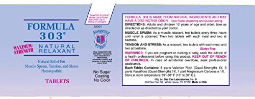 Dee CEE Labs Formula 303 Maximum Strength Tablets, 45 Tablets; All-Natural containing Magnesium for Sore Muscles, Passion Flower, and Valerian Root