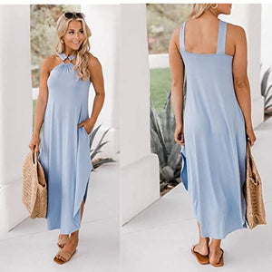 Miami Sunshine Maxi Dress, Women's Off Shoulder Sexy Summer Casual Comfort Halter Long Dress (Blue, Large)