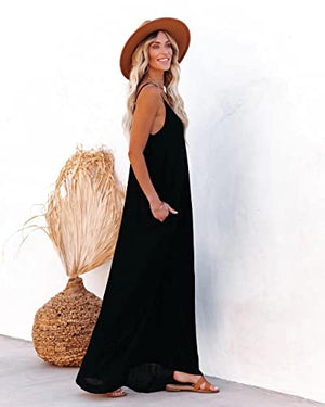 Women's Loose Maxi Dresses Casual Long Dresses with Pockets (S, Black)