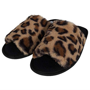 Jessica Simpson womens Plush Faux Fur Fuzzy Slide on Open Toe With Memory Foam Slipper, Leopard, Large US