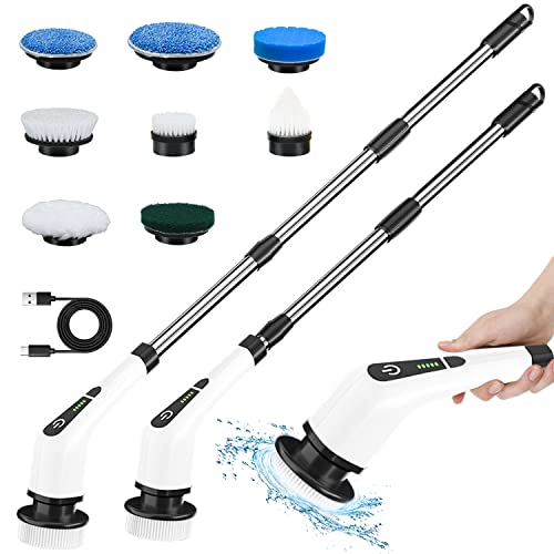 Electric Spin Scrubber, TOPMAKO Cordless Cleaning Brush with 54" Adjustable Long Handle and 8 Replaceable Brush Heads, 2 Rotating Speed Shower Scrubber for Bathroom Tub, Floor, Tile, Kitchen, Car Wash