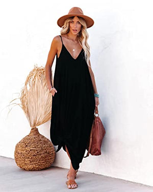 Women's Loose Maxi Dresses Casual Long Dresses with Pockets (S, Black)