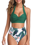 Tempt Me Women's Vintage Swimsuit Retro Halter Ruched High Waist Bikini Green XL