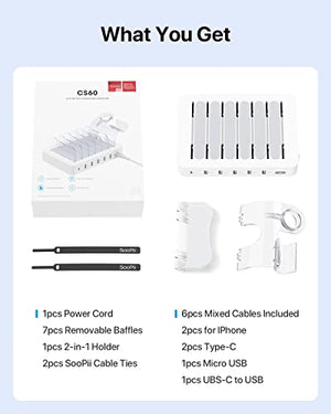 SooPii 60W 6-Port Charging Station for Multiple Devices, PD 20W USB C Fast Charging for lPhone 14/13/12,6 Short Cables Included, 2 in 1 Holder,for Phones,Tablets and Others,White