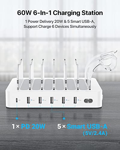 SooPii 60W 6-Port Charging Station for Multiple Devices, PD 20W USB C Fast Charging for lPhone 14/13/12,6 Short Cables Included, 2 in 1 Holder,for Phones,Tablets and Others,White