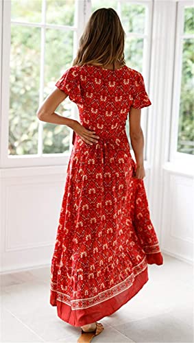 PRETTYGARDEN Women's Summer Bohemian Dress Short Sleeve Floral V Neck Ruffle Hem Split Belted Flowy Maxi Dresses (Red-1,Small)