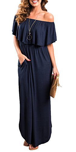 Womens Off The Shoulder Ruffle Party Dresses Side Split Beach Maxi Dress Navy M