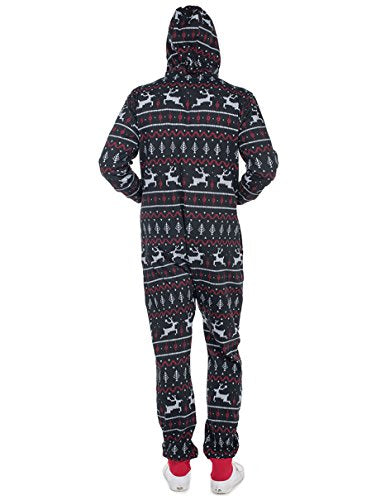 Unisex Black & Red Fair Isle Reindeer Cozy Jumpsuit - Cozy Christmas Onesie: Small