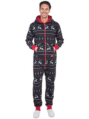 Unisex Black & Red Fair Isle Reindeer Cozy Jumpsuit - Cozy Christmas Onesie: Small