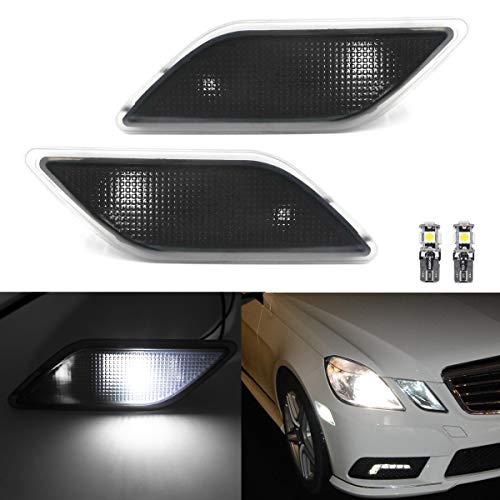 Xenon White Led Side Marker Lights for 2010-13 Mercedes Benz W212 Pre-LCI E-Class Smoked Lens Front Fender Marker Lamps with T10 Bulbs OEM fit