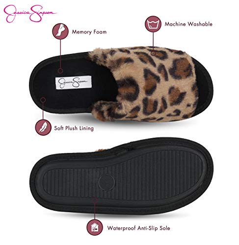 Jessica Simpson womens Plush Faux Fur Fuzzy Slide on Open Toe With Memory Foam Slipper, Leopard, Large US