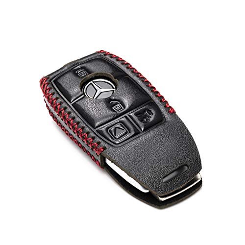 Vitodeco Genuine Leather Smart Key Fob Case with Leather Key Strap for 2017-2021 Mercedes-Benz A, C, E, S, CLA, CLS, GLA, GLB, GLC, GLE, GLS, G Glass (4-Button, Black/Red)