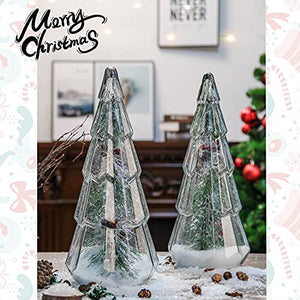 Costyleen 2PCS Christmas Ornaments Set Tower Shaped Glass Xmas Tree Artificial Snow Decoration with LED Lights Home Table Decor Festive Gift 15in