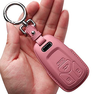 Tukellen for Audi Key Fob Cover Genuine Leather with Keychain,Leather Key Case Protector Compatible Audi A4 Q7 Q5 TT A3 A6 SQ5 R8 S5 Smart Key-Pink