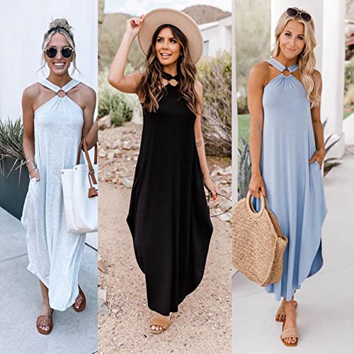 PXYXHKJ Miami Sunshine Maxi Dress,Off Shoulder Sexy Summer Casual Comfort Halter Long Dress (Black,M)