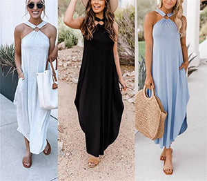 Miami Sunshine Maxi Dress, Women's Off Shoulder Sexy Summer Casual Comfort Halter Long Dress, Maxi Flowy Dress (Grey,XS)