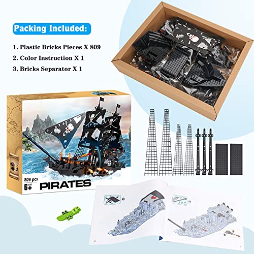 BRICK STORY Black Pirate Ship Building Kit with 5 Mini Pirates Figures, Pirate Ships Toy Model Set for Teens and Adult, Creative Pirates Themed Gifts for Kids Boys Age 8 Years and Up, 809 Pcs