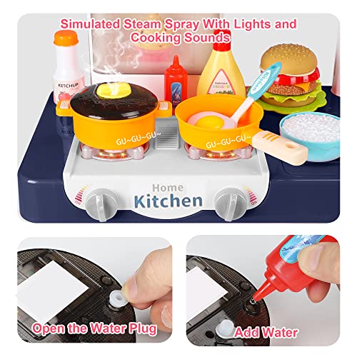 Pretend Play Kitchen Set for Toddlers, Mini Kitchen Accessories with Play Cooking Stove, Pot and Pan with Spray Realistic Light & Sound and Play Cutting Food, Outdoor Cooking Toys for Kids Girls Boys