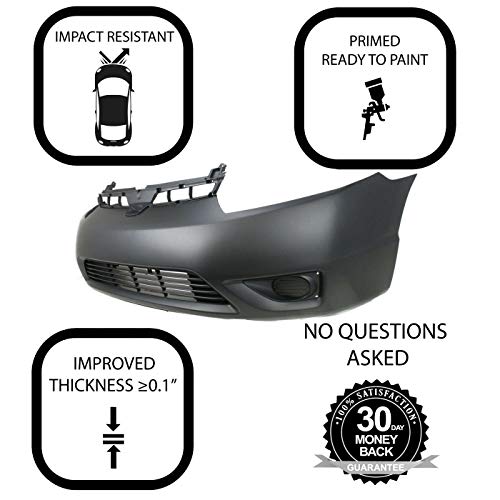 Front Plastic Bumper Cover Fascia for 2006-2008 Honda Civic Coupe DX-G EX LX Si Coupe 06-08. New, Primed and Ready for Paint. with Fog Light Holes. HO1000237 04711SVAA90ZZ 2007