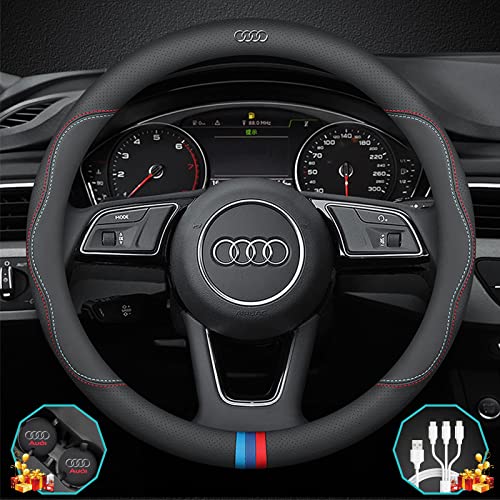 Custom-Fit for Audi Steering Wheel Cover, Premium Leather Car Steering Wheel Cover with Logo, Non-Slip, Breathable, Designed for Audi Accessories (C-Style,for Audi)