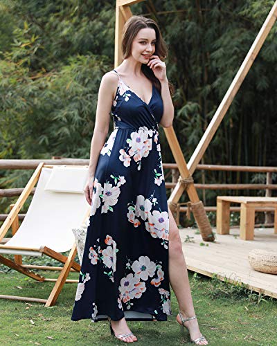 II ININ Women's Deep V-Neck Casual Dress Summer Backless Floral Print Split Maxi Dress for Beach Party(Floral01,XL)