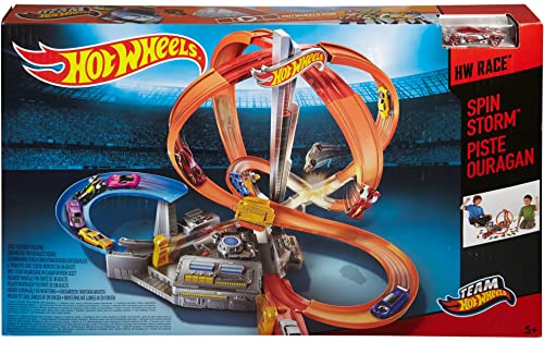 Hot Wheels Track Set with 1 Toy Car, Multi-Lane, Motorized Track with 3 Crash Zones, Spin Storm Racetrack 