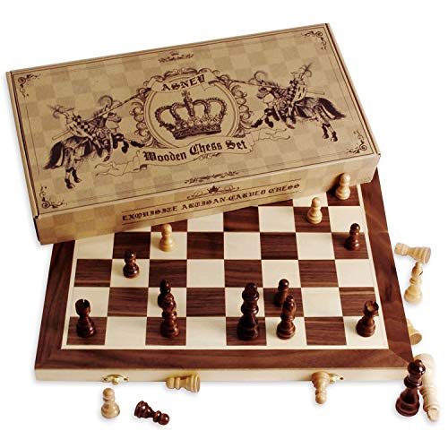 ASNEY Upgraded Magnetic Chess Set, 15" Tournament Staunton Wooden Chess Board Game Set with Crafted Chesspiece & Storage Slots for Kids Adult, Includes Extra Kings, Queens & Carry Bag