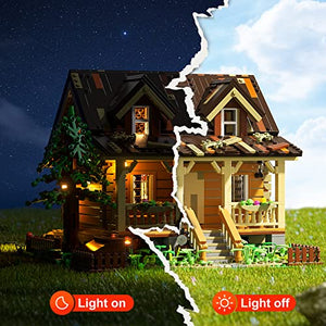 Funwhole Wood-Cabin Building Set with LED Lights - Construction Building Model Set 2097 PCS for Teen and Adults with LED Lighting Kit