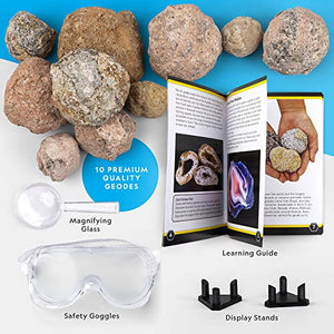 NATIONAL GEOGRAPHIC Break Open 10 Premium Geodes – Includes Goggles, Detailed Learning Guide & 2 Display Stands - Great STEM Science Gift for Mineralogy & Geology Enthusiasts of Any Age