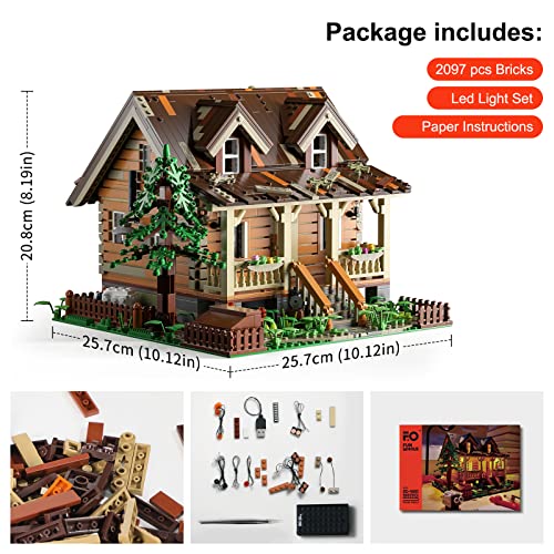 Funwhole Wood-Cabin Building Set with LED Lights - Construction Building Model Set 2097 PCS for Teen and Adults with LED Lighting Kit