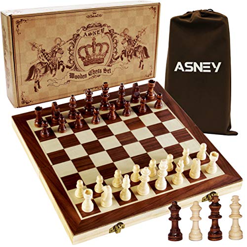 ASNEY Upgraded Magnetic Chess Set, 15" Tournament Staunton Wooden Chess Board Game Set with Crafted Chesspiece & Storage Slots for Kids Adult, Includes Extra Kings, Queens & Carry Bag